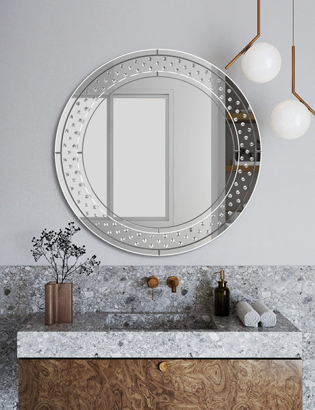 Round Decorative Wall Mirror - 31.5 x 31.5 in Floating Crystal Accent Large Mirror