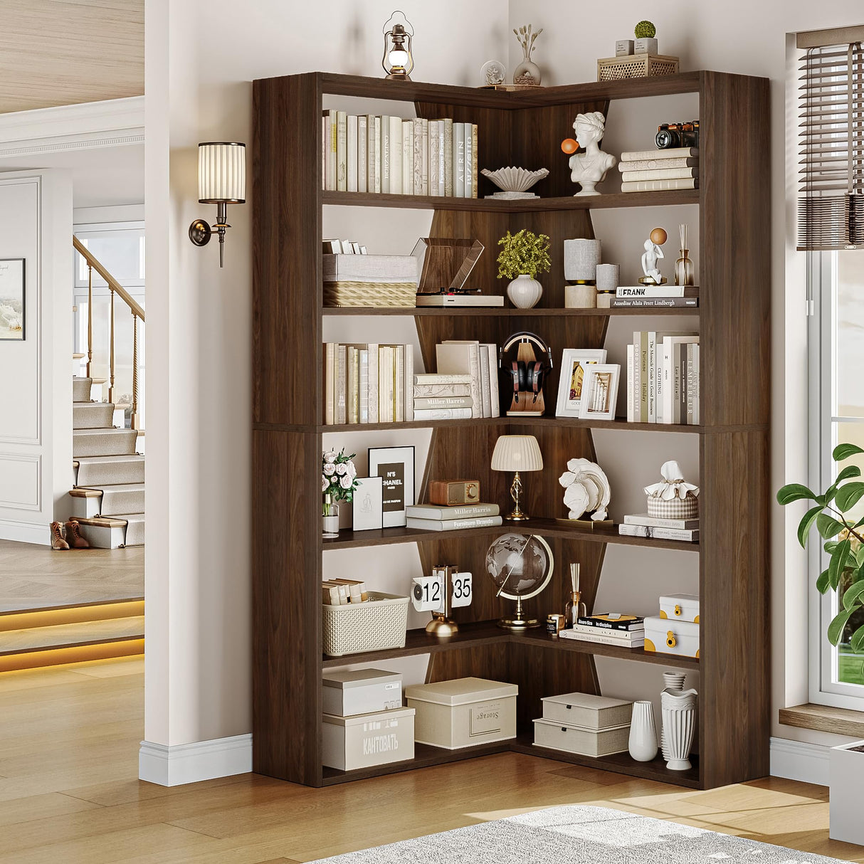 6-Tier Corner Bookshelf, Modern Bookshelf and Bookcase, Tall Bookcase Open Display