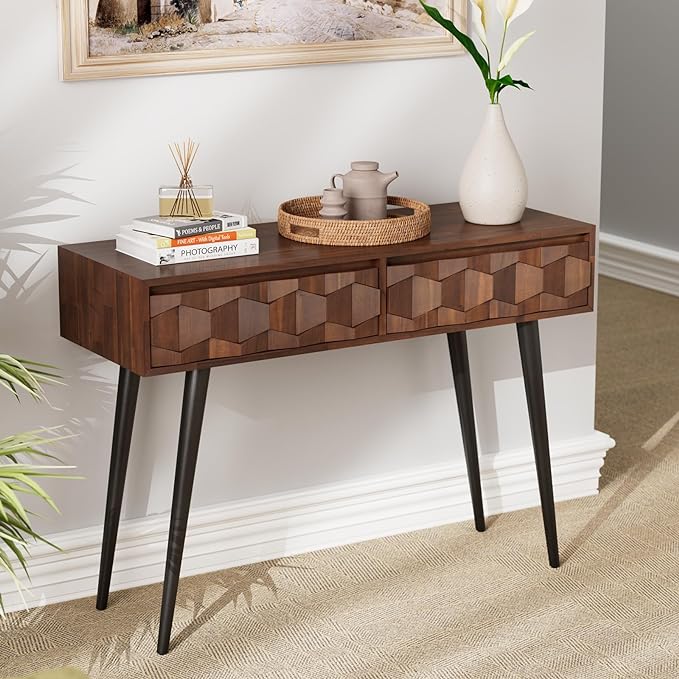 Console Modern Mid-Century 2 Drawers, Unique Geometric Design Sofa Table for Entryway,