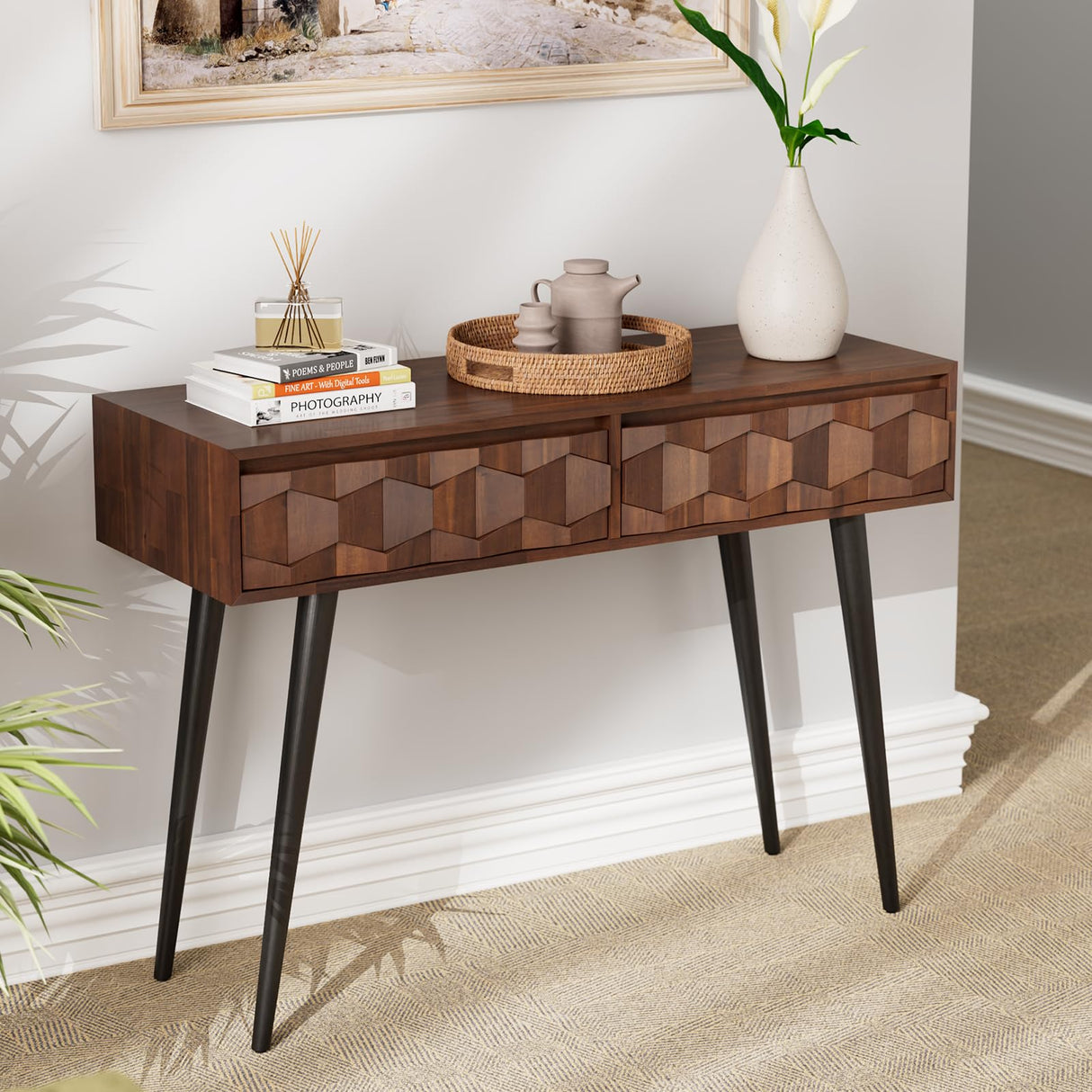 Console Modern Mid-Century 2 Drawers, Unique Geometric Design Sofa Table for Entryway,