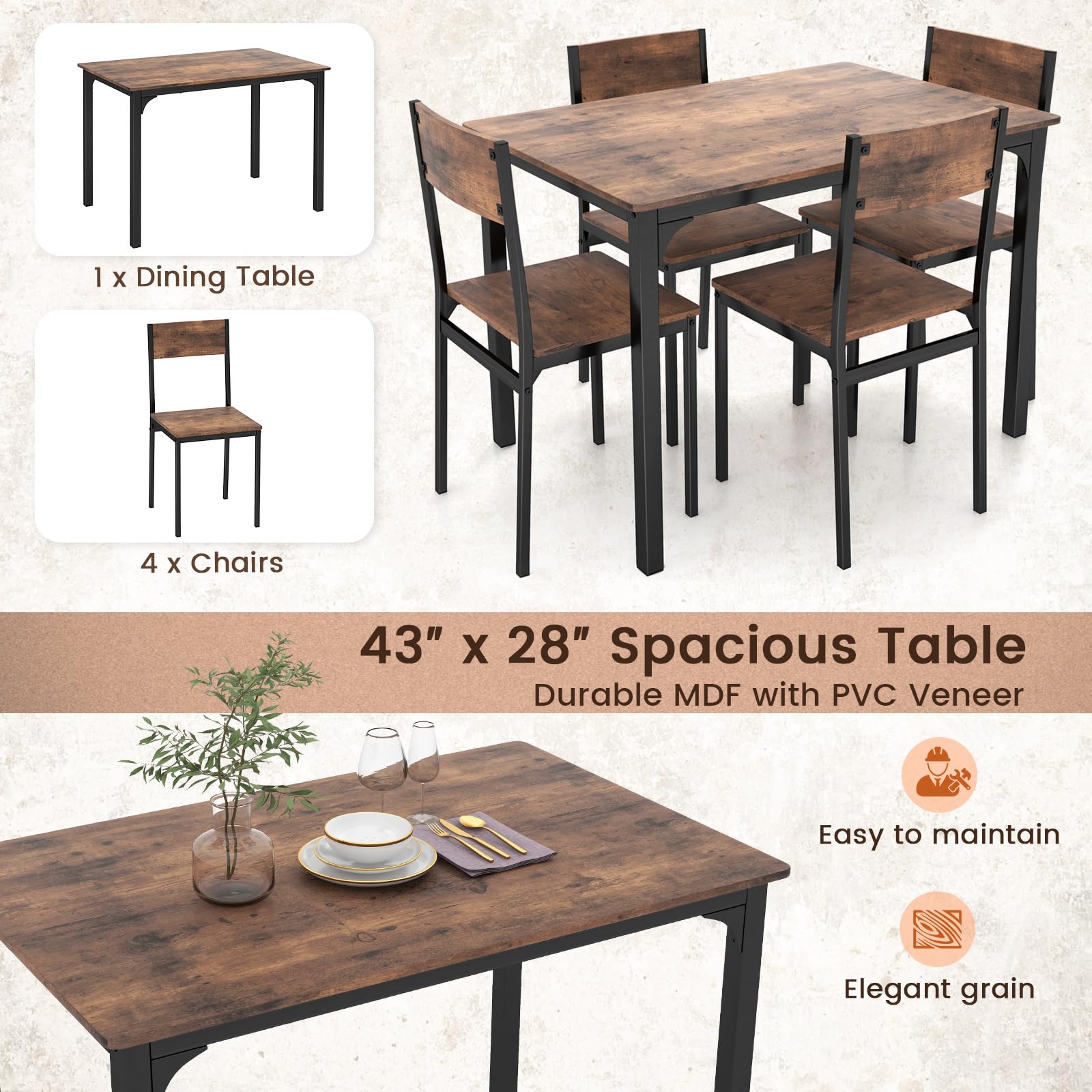 5-Piece Industrial Dining Set - Rustic Brown