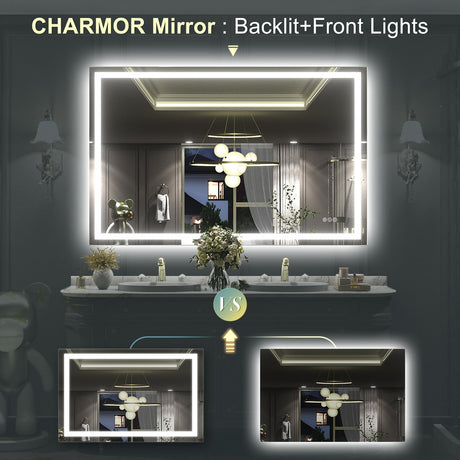 CHARMOR 48x40 Inch LED Bathroom Mirror, Lighted Vanity Mirrors for Wall, Front Lights and Backlit, Dimmable, Anti-Fog, Memory, Shatterproof, ETL Listed