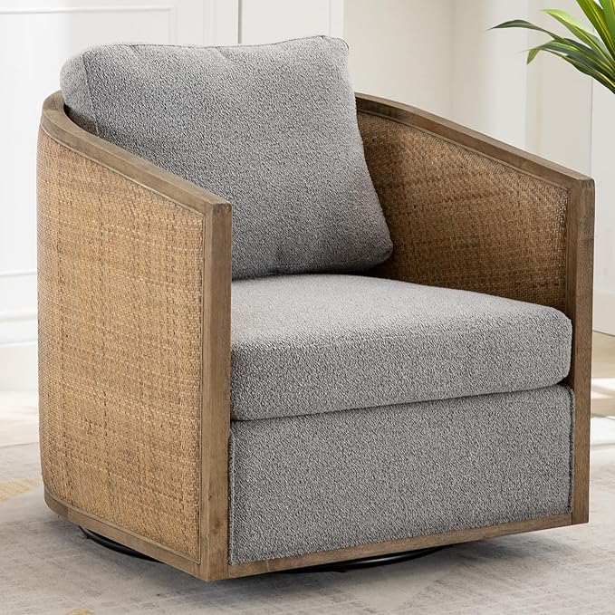 Swivel Accent Chair,Upholstered Armchair with Cushion Back,Rattan Frame,Boucle Accent Chair for Living Room,Bedroom,Office,Waiting Room (Beige)