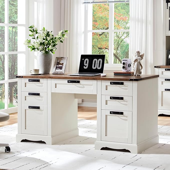 60" Farmhouse Executive Desk with Drawers, Wood Home Office Desk w/Charging Station