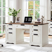 60" Farmhouse Executive Desk with Drawers, Wood Home Office Desk w/Charging Station