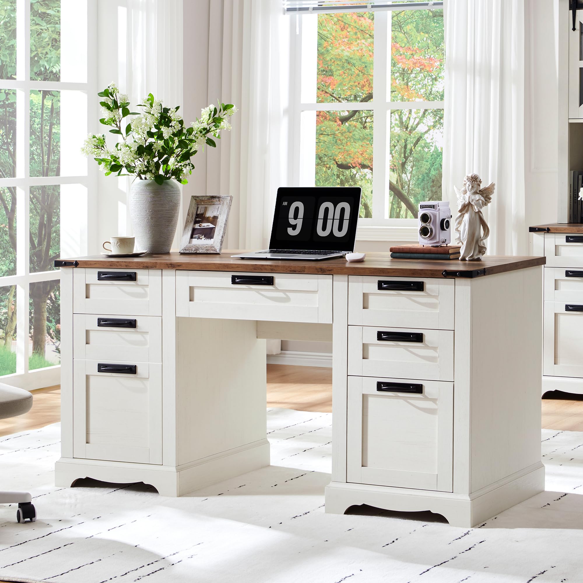 60" Farmhouse Executive Desk with Drawers, Wood Home Office Desk w/Charging Station