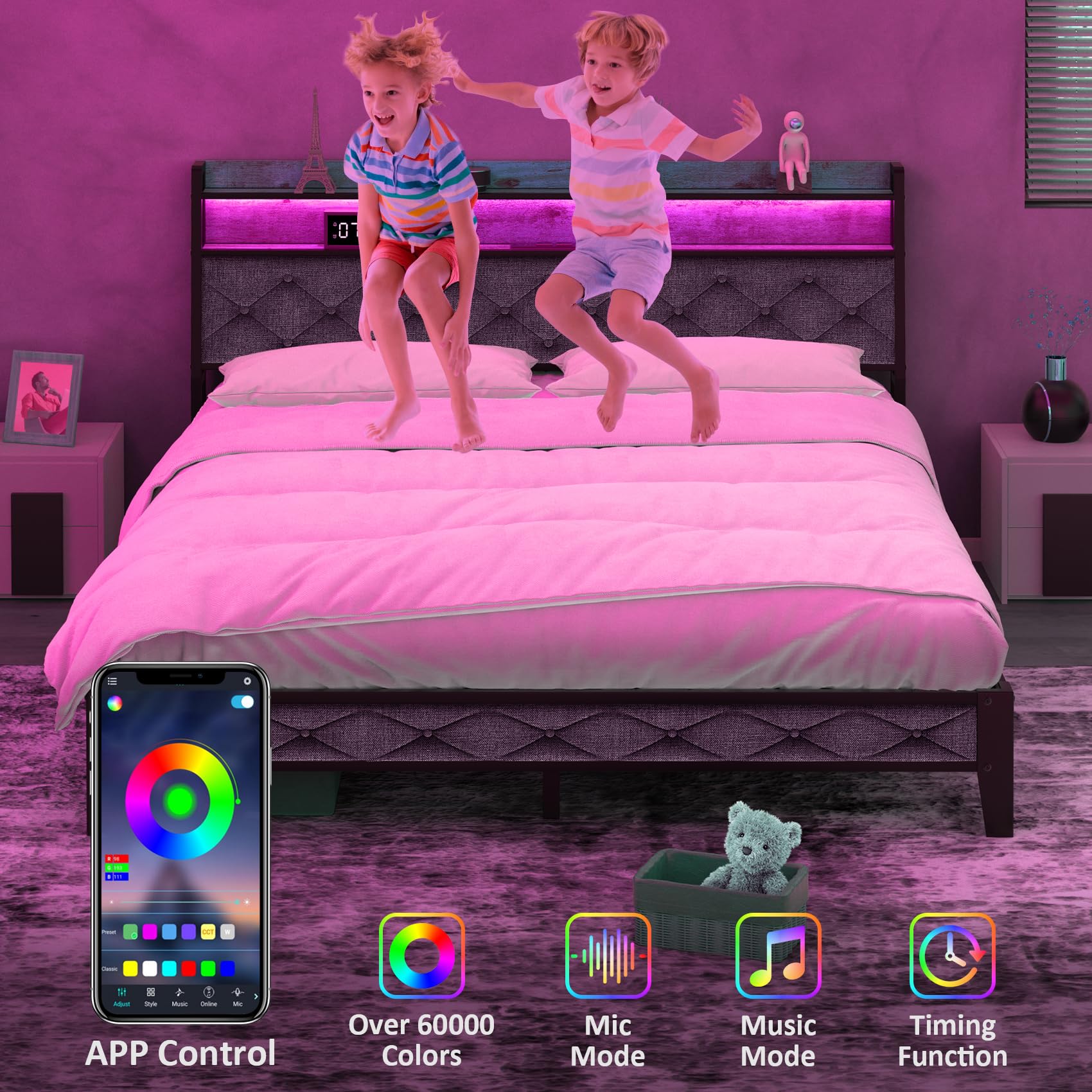 Full Bed Frame with Ergonomic Headboard, Platform Bed Frame with RGB Lights