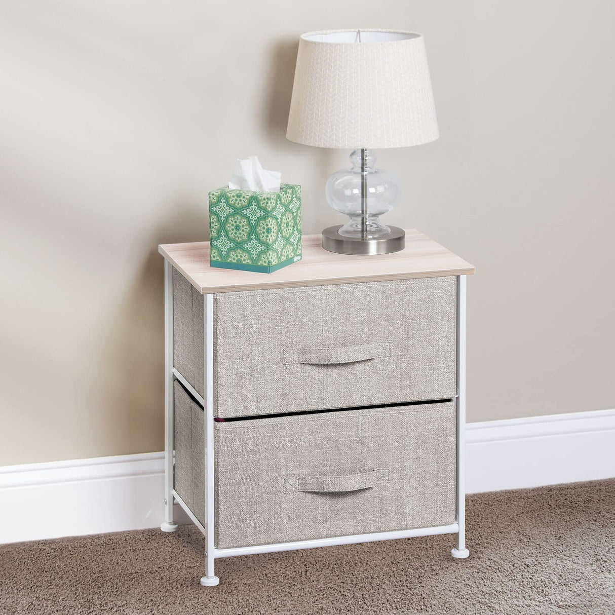 Small Storage Dresser End/Side Table Night Stand with 2 Removable Fabric Drawers - Organizer for Bedroom, Living Room, Closet - Hold Clothes, Linens, Accessories, Lido Collection, Linen/Tan