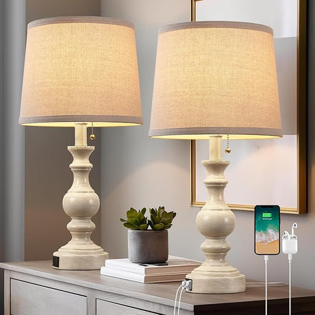 Table Lamps for Bedroom Set of 2 Farmhouse Bedside Lamps for Nightstand with USB C+A Charging Ports