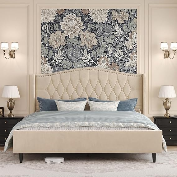 Queen Bed Frame with Upholstered Velvet Headboard - Black