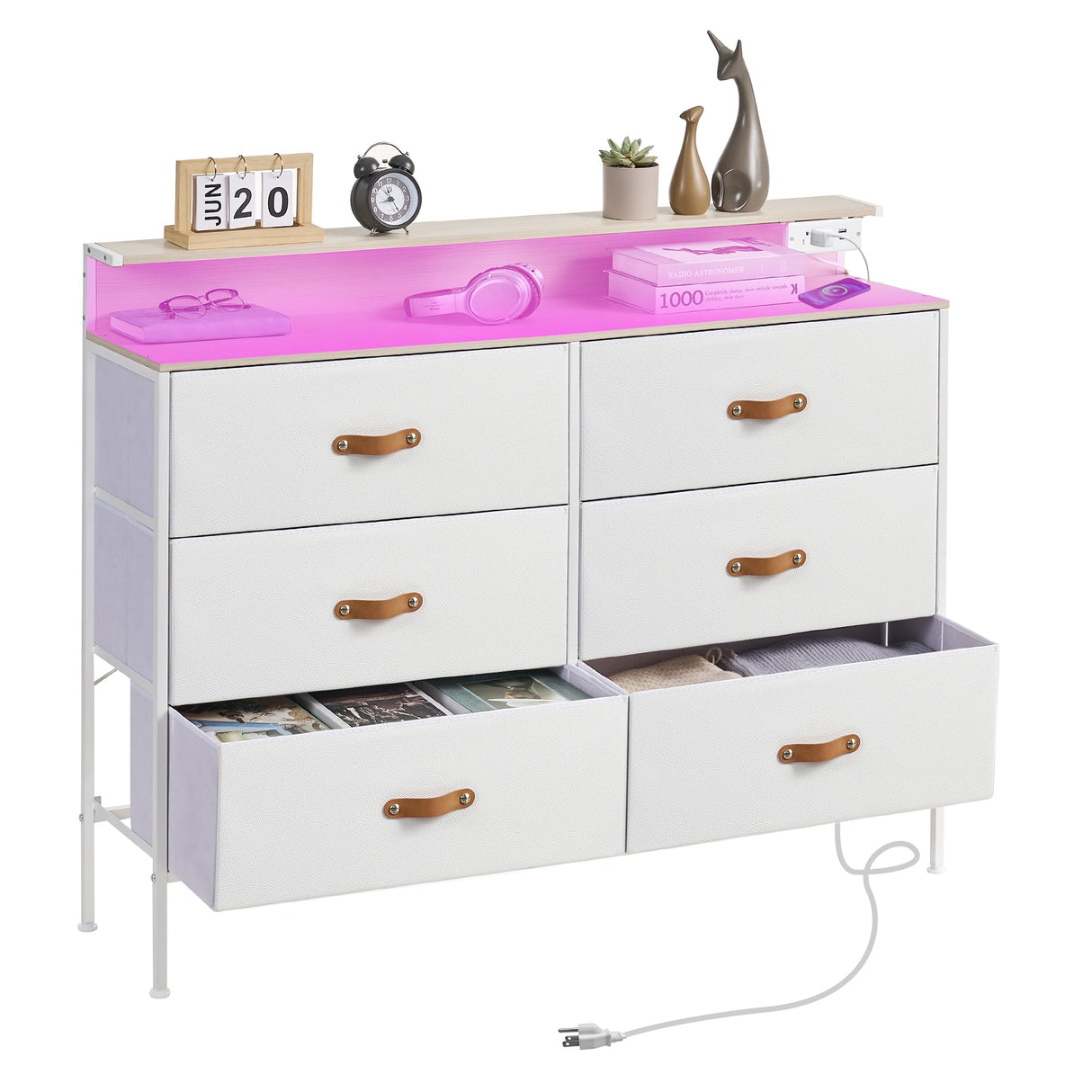 47.2" W White Dresser for Bedroom with Charging Station and LED Lights