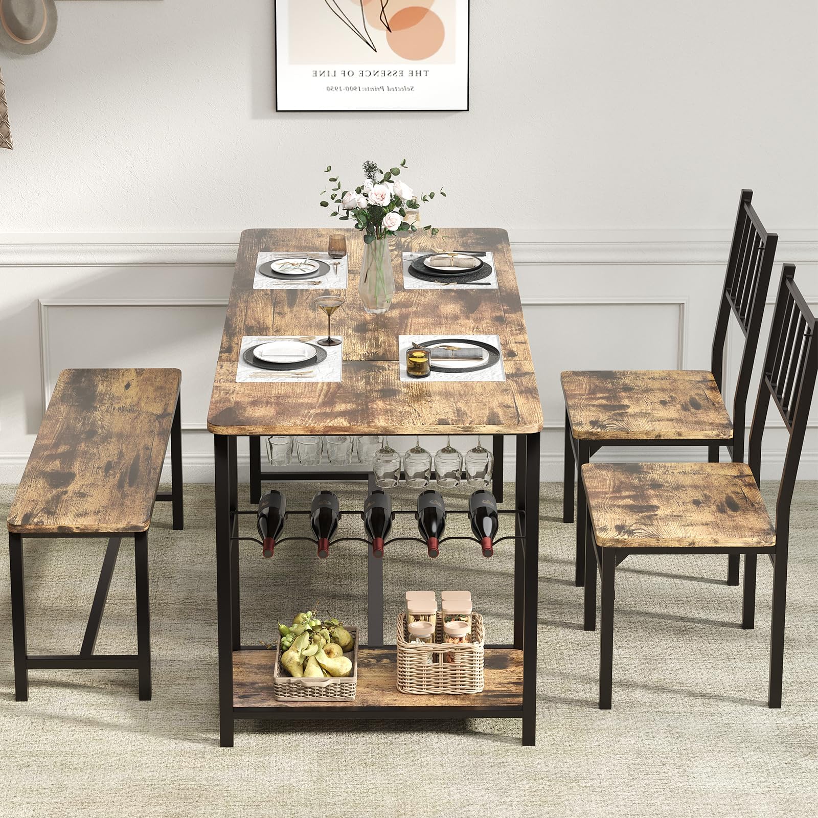 4-Piece Dining Set with Wine Rack Storage