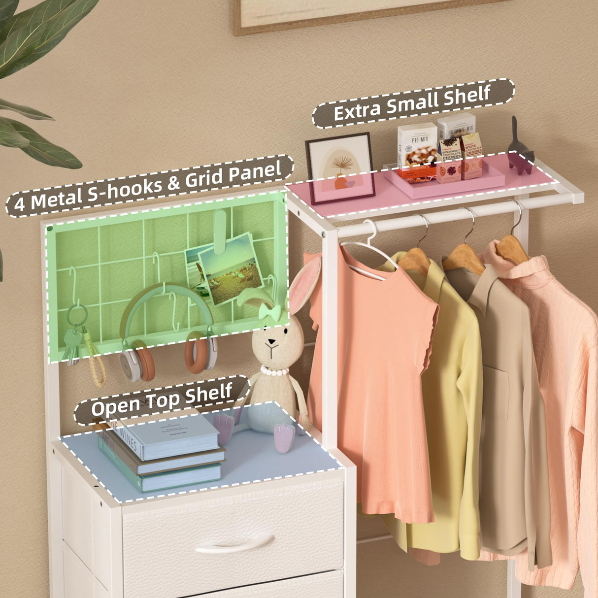 HIGDBFE Small Dresser with Hanging Rack, Kids Dresser with 3 Drawers&4 Hooks for Grid Panel, Clothes Dresser with Shoes Rack, Closet Dresser for Bedroom, Kids Room, Entry Way, Rustic Brown