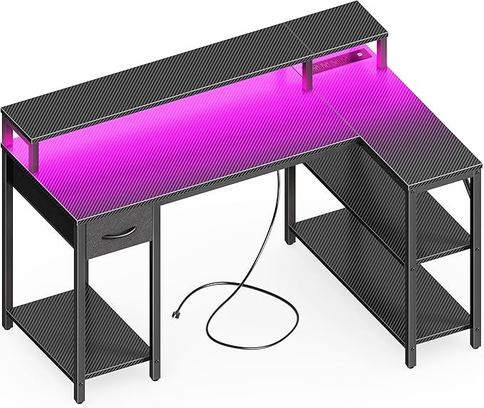 47 inch Reversible L Shaped Desk with LED Lights & Power Outlets