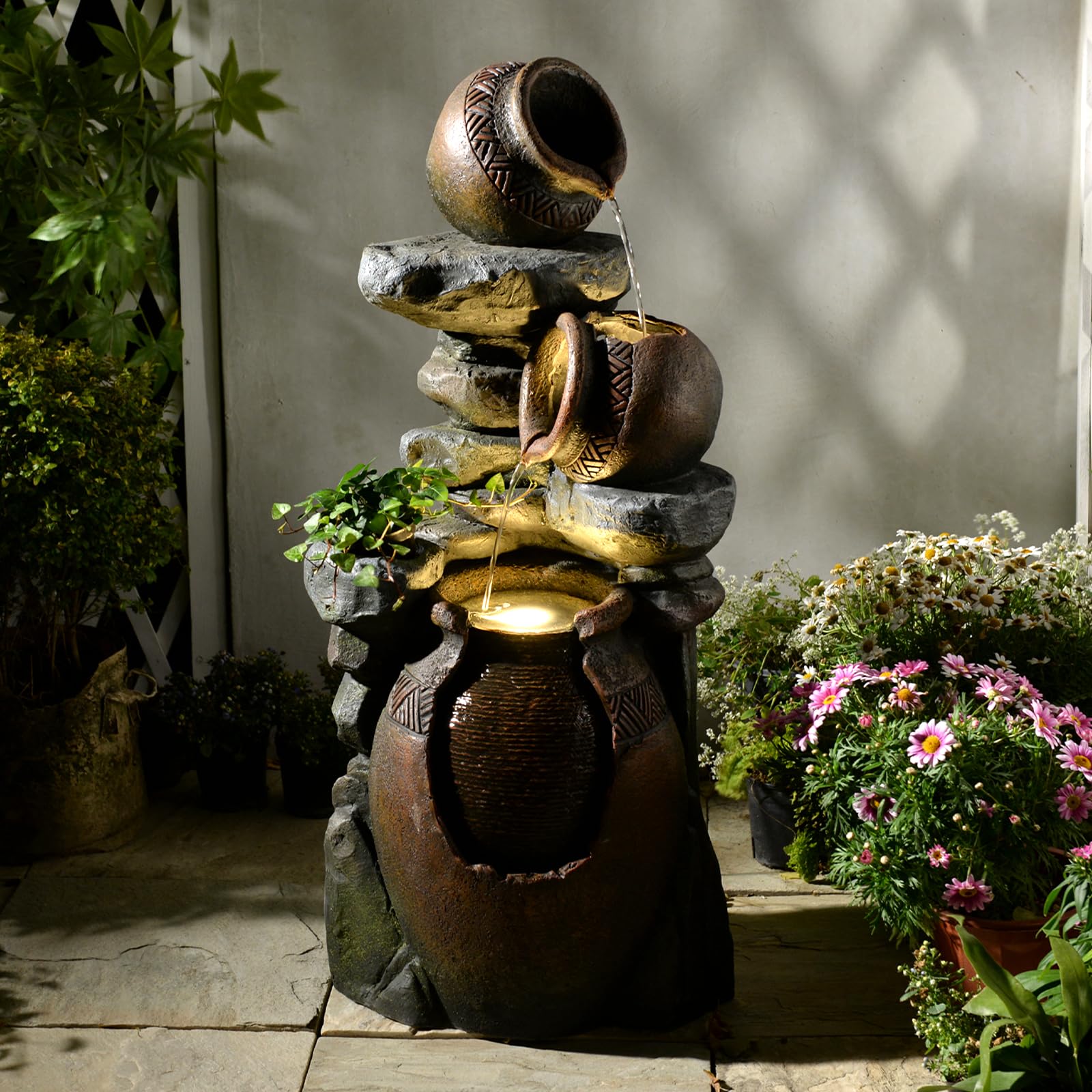 38.4" H Water Fountain Outdoor with LED Lights & Pump, 3-Tier Cascading Outdoor Fountain for Garden