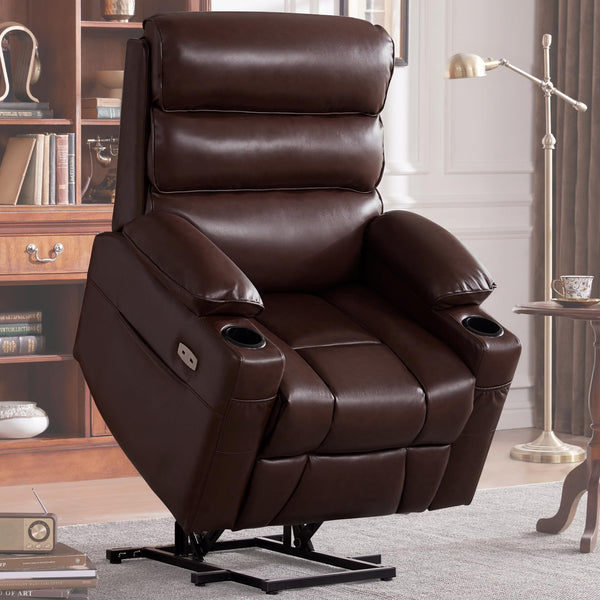 WILLOVE Lay Flat Power Lift Recliner Chair with Memory Electric Seat for Elderly, Dual Motor Lift Chairs Single Sofa with Heat & Massage, USB & Type C Ports, Cup holders, Breathable Leather Dark Brown