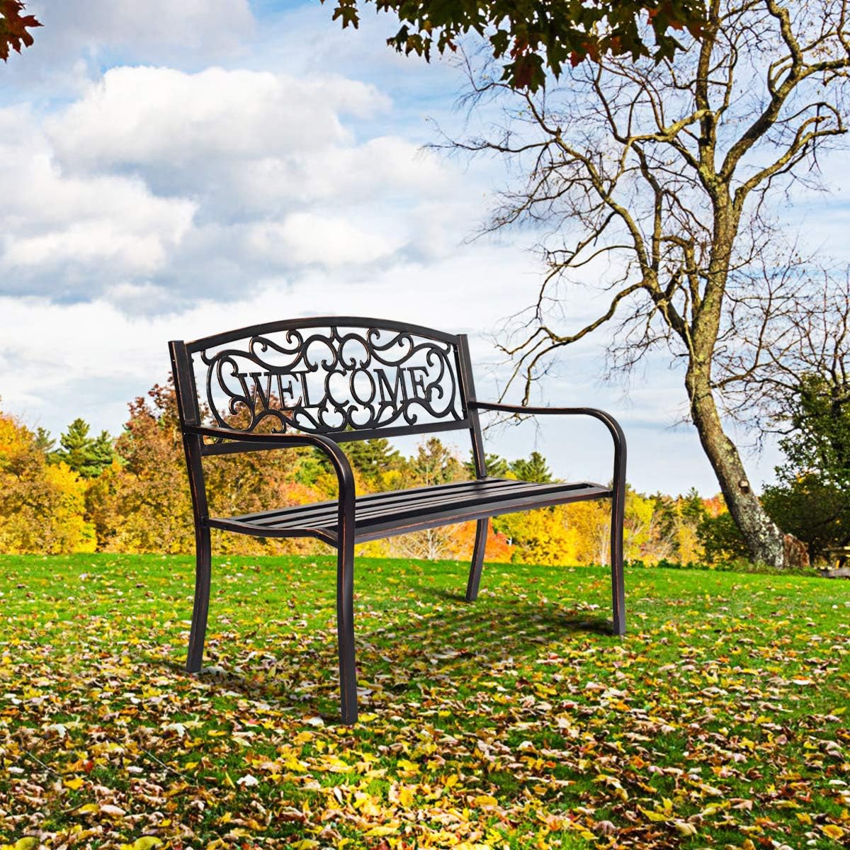 Outdoor Steel Garden Bench Park Bench, 50 Inch Patio Welcome Bench with Slated Seat