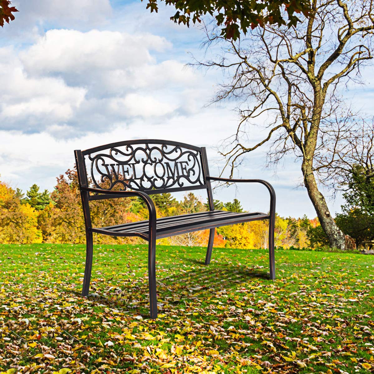 Outdoor Steel Garden Bench Park Bench, 50 Inch Patio Welcome Bench with Slated Seat