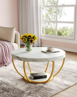 Round Coffee Table, 32" Circle Faux Marble Coffee Tables for Living Room, 2-