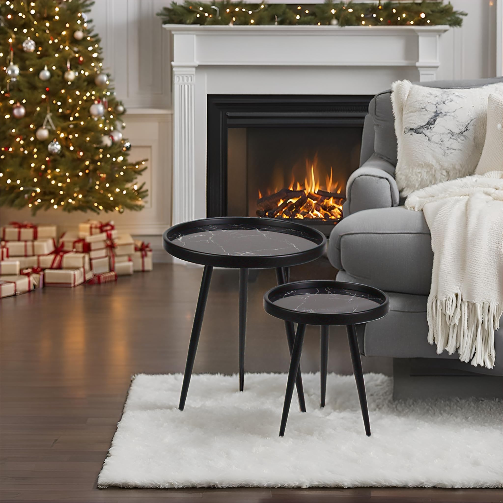 Round Side Table Set of 2,Black Marble Pattern Tray Shaped Small End Table