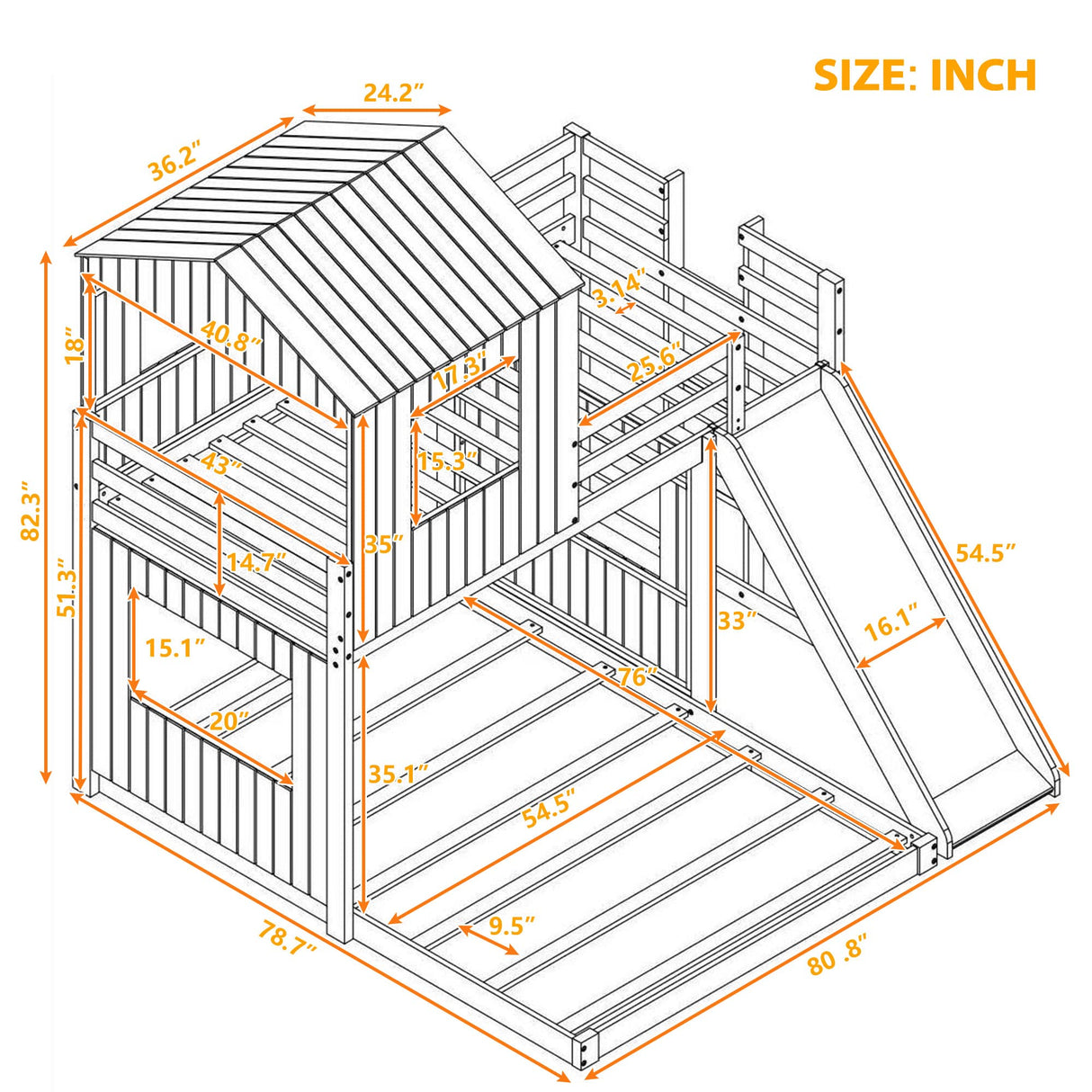 House Bunk Beds with Slide, Wood Twin Over Full Bunk Beds with Roof and Guard Rail