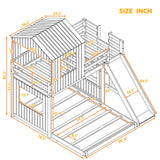 House Bunk Beds with Slide, Wood Twin Over Full Bunk Beds with Roof and Guard Rail