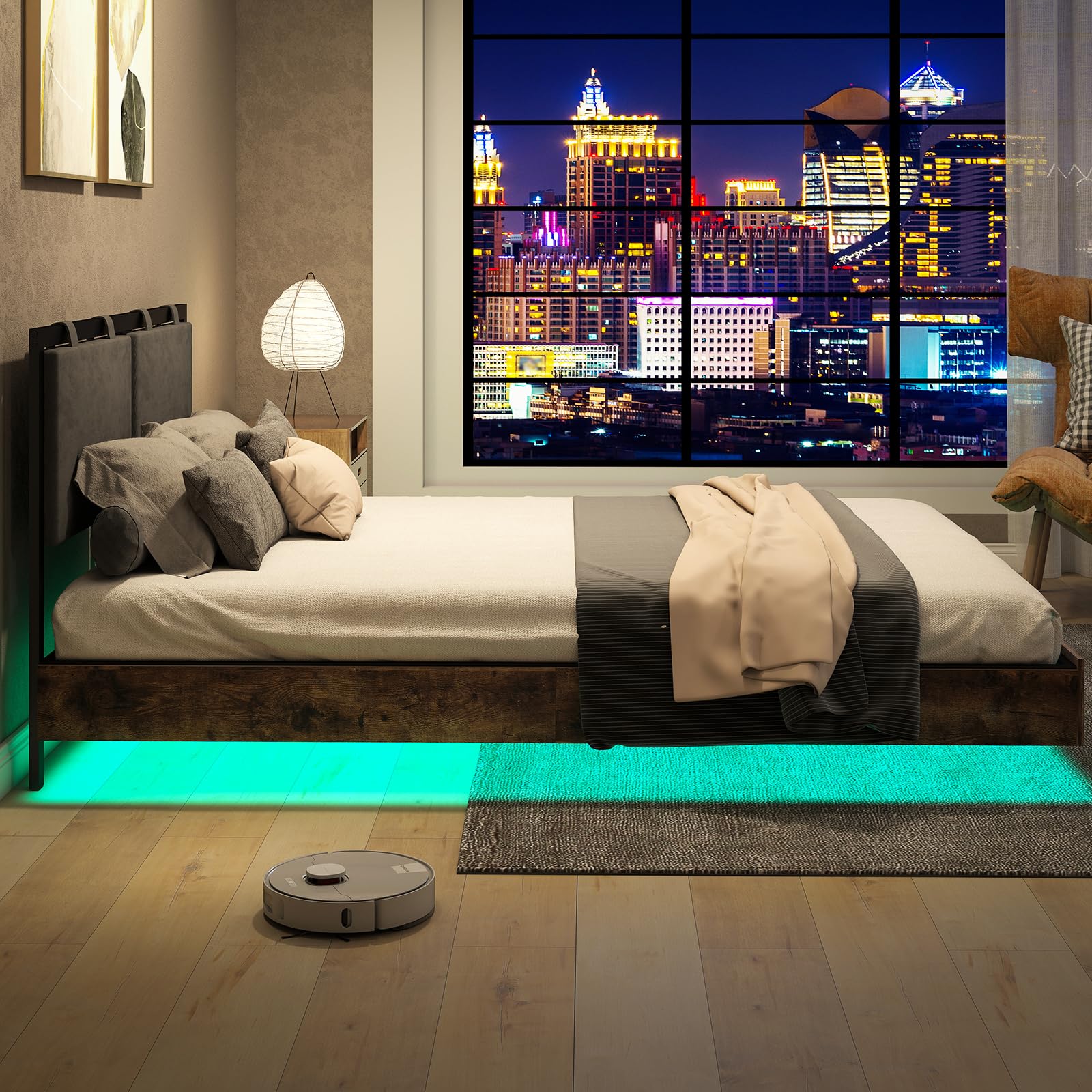 Floating Bed Frame Full with Velvet Upholstered Headboard, Metal Platform Bed Frame Full Size with LED Lights, Heavy Duty Steel Slats Support, No Box Spring Needed, Noise Free, Easy Assembly, Brown