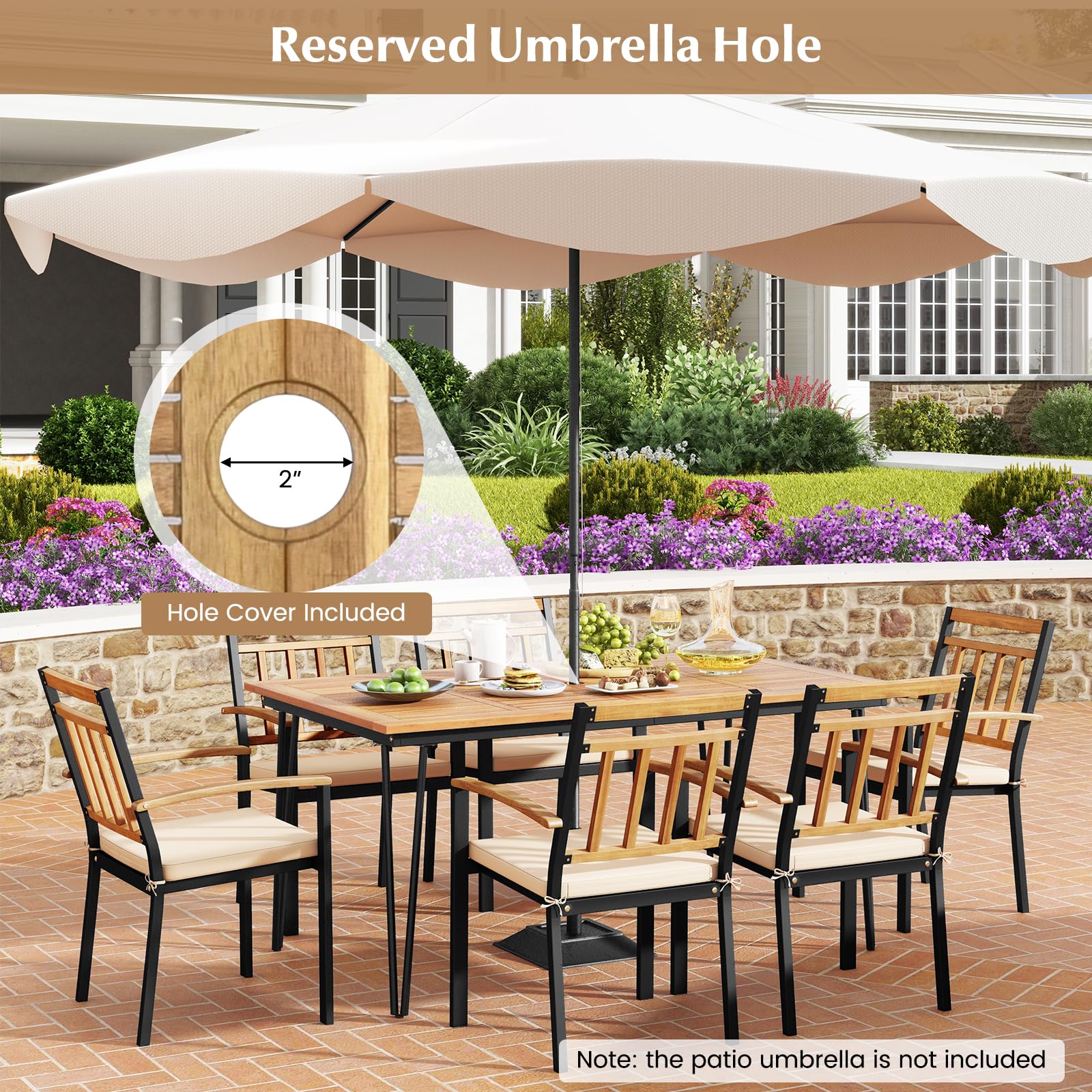 7 Pieces Patio Dining Set with Acacia Wood Dining Table & Armchairs, Soft Cushions, 2”