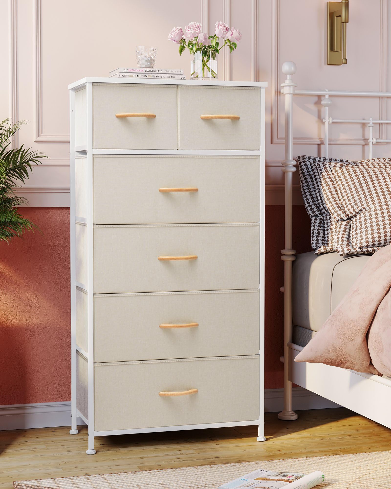 Vertical Dresser Storage Tower - Sturdy Steel Frame, Wood Top, Easy Pull Fabric Bins