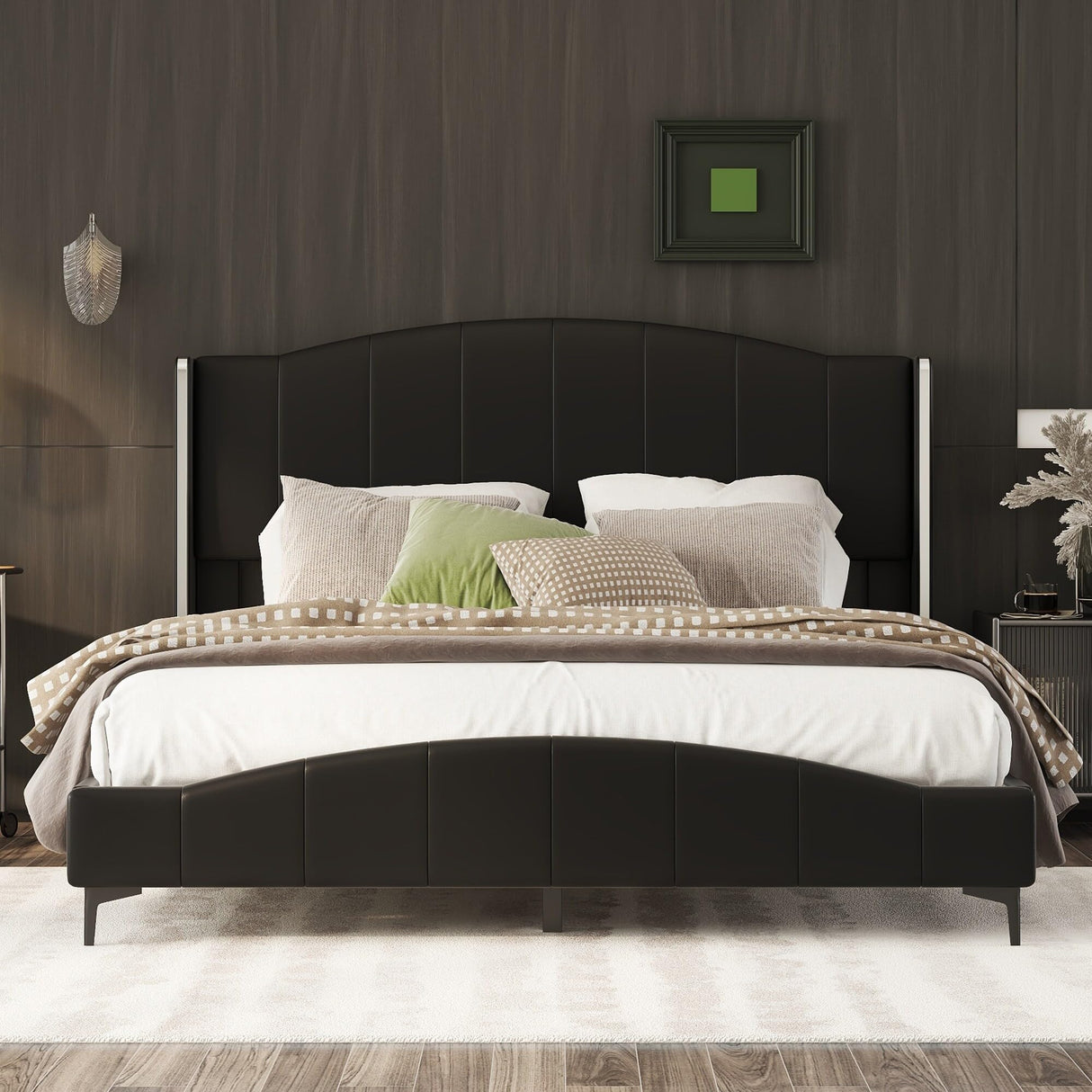 Queen Size Platform Bed with Vertical Stripe, Noise Free, Black