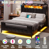 Queen Bed Frame with Storage Headboard & Charging Station, PU Leather Platform Bed