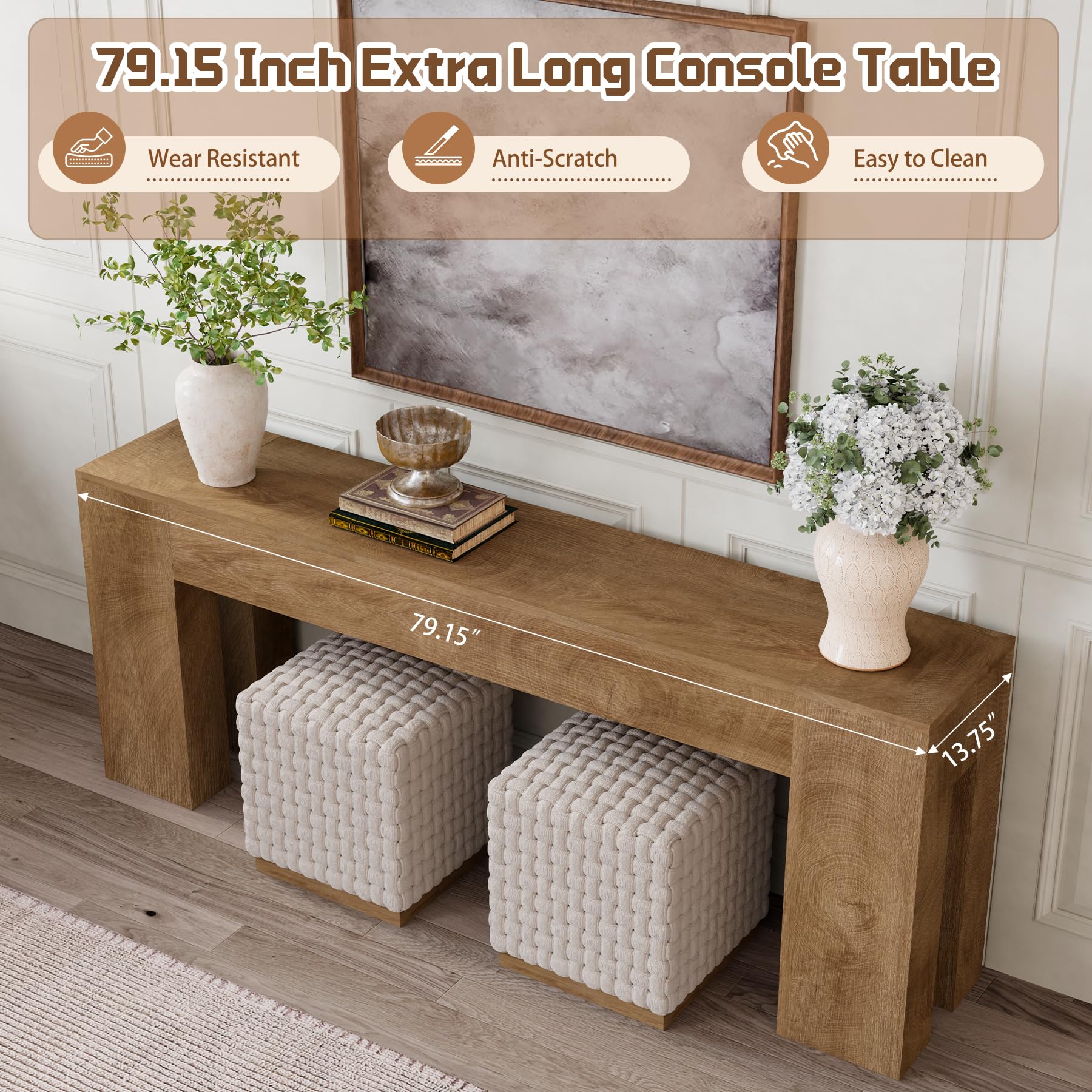 79-Inch Extra Long Console Table - Natural Oak Wood Entryway & Sofa Table