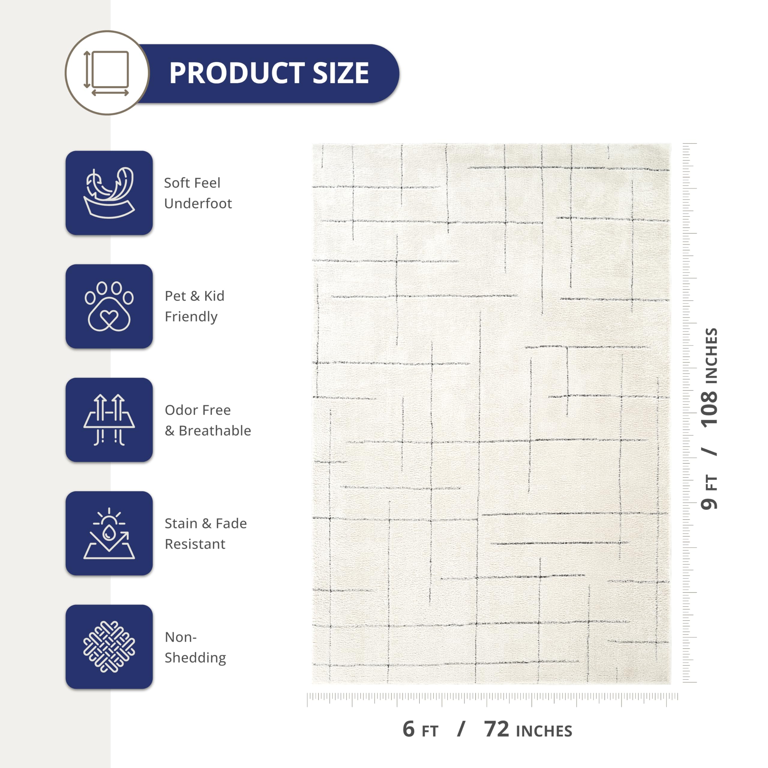 Abani Cream Area Rug – 6' x 9' – Oliver Collection – Striped Pattern – Non-Shedding, Easy to Clean – Durable for Living Room, Bedroom, or Office, Pet & Child Friendly