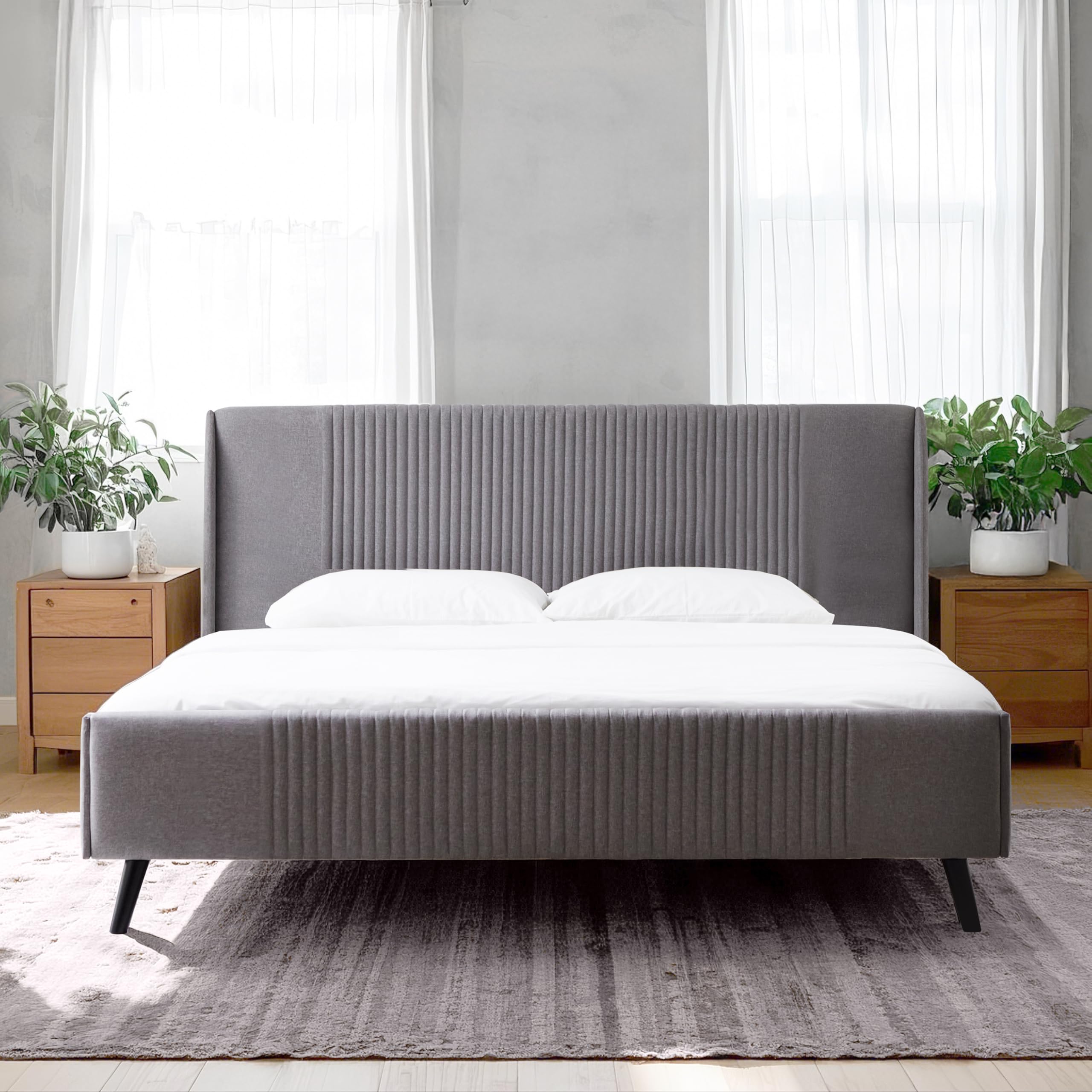 Sunset King Platform Bed with Wingback Headboard - Gray Fabric Upholstered