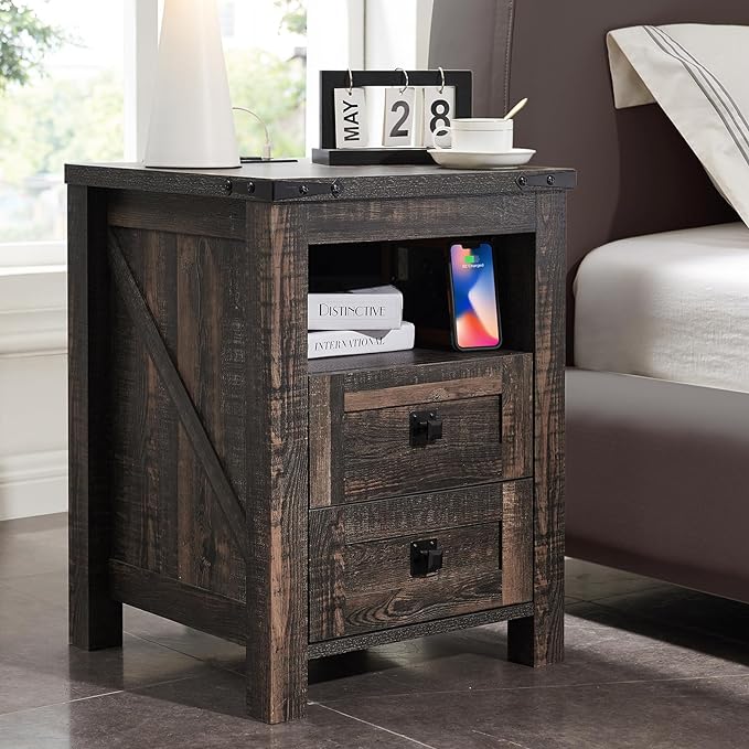 Nightstand with Charging Station, End Table, Side Table with 2 Drawers Storage Cabinet