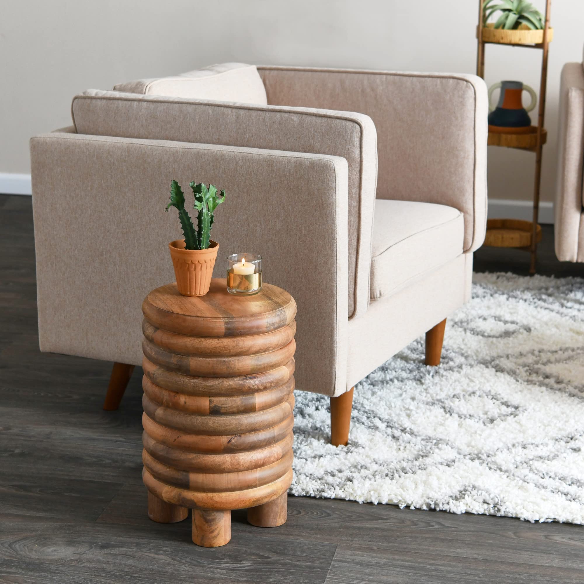 Dossier Vintage-Inspired Solid Wood Flat top for use, Natural Finish Stool/End Table