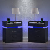 Black Nightstand with Charging Station, Night Stand with LED Lights, Modern Led End