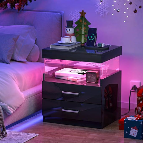 high Glossy LED Nightstand, White Night Stand with Charging Station and LED Lights,