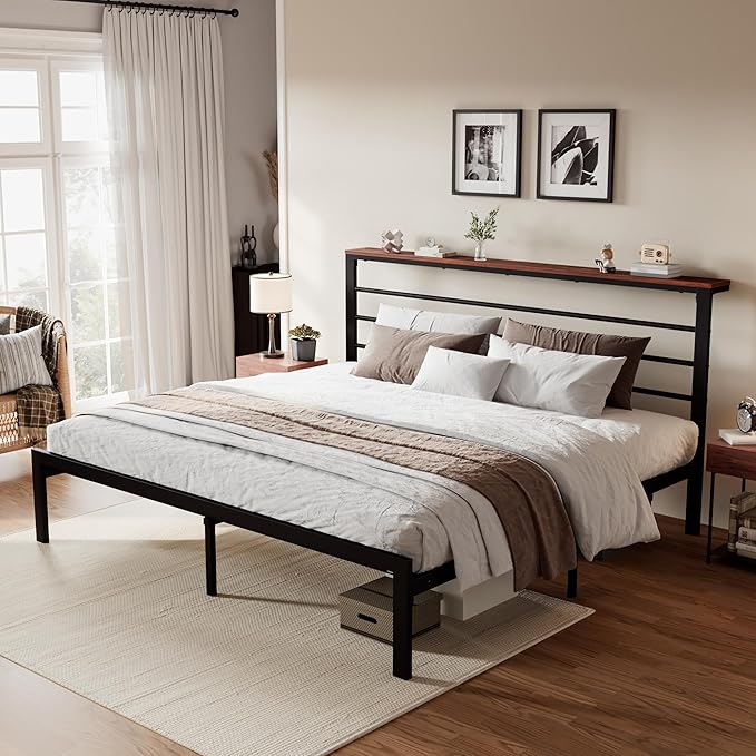 Full Size Bed Frame with Headboard Shelf and Strong Metal Foundation