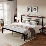 Full Size Bed Frame with Headboard Shelf and Strong Metal Foundation