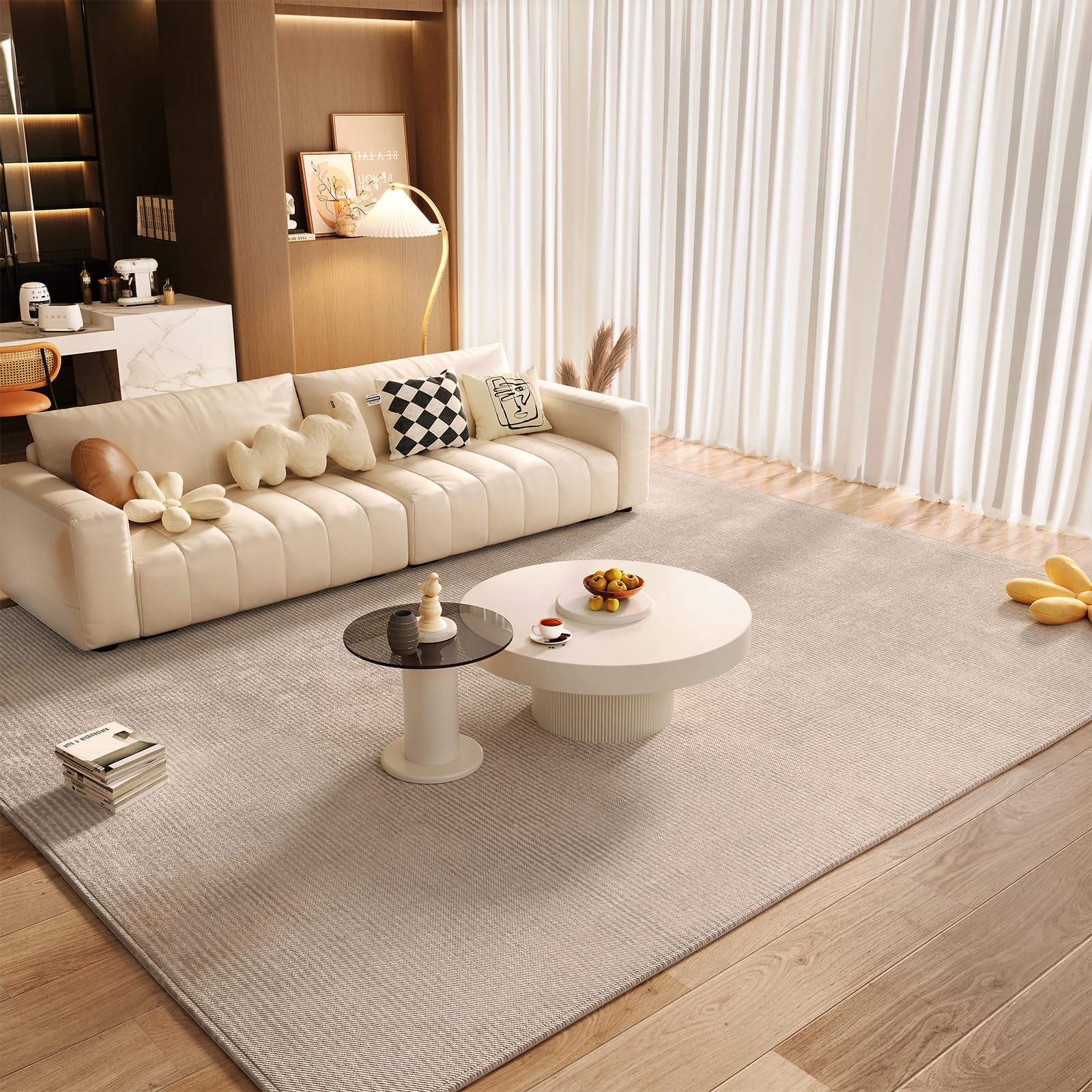 Round Nested Coffee Table Set, Creamy White Coffee Table and Tempered Glass Side Table Set, 2 in 1 Modern Nesting Coffee Table,