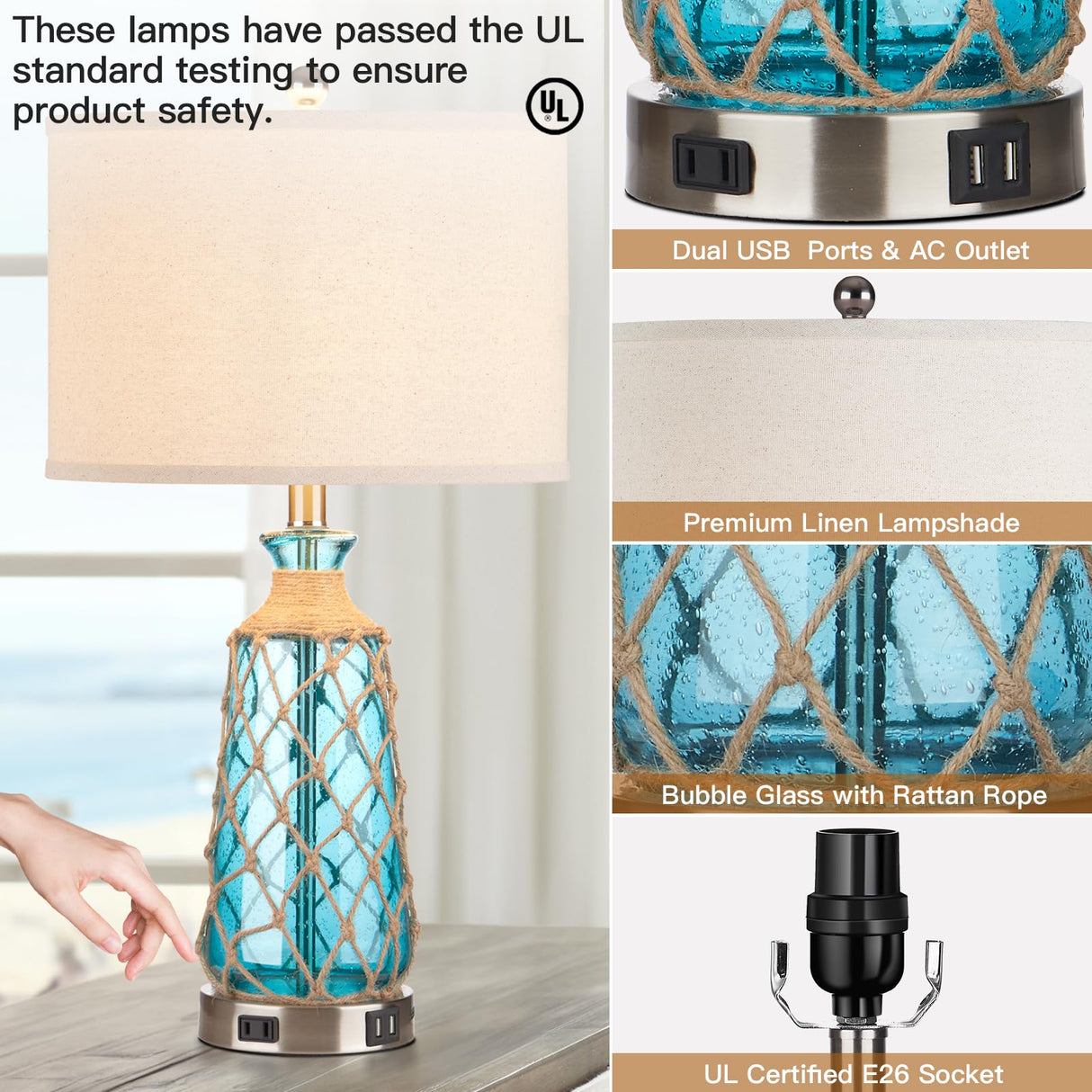 Ruzectt 25.5" Coastal Glass Table Lamps Set of 2, 3-Way Dimmable Touch Control Bedside Lamps with 2 USB Ports and AC Outlet, Blue Nautical Nightstand Lamps for Bedroom Living Room (LED Bulbs Included)