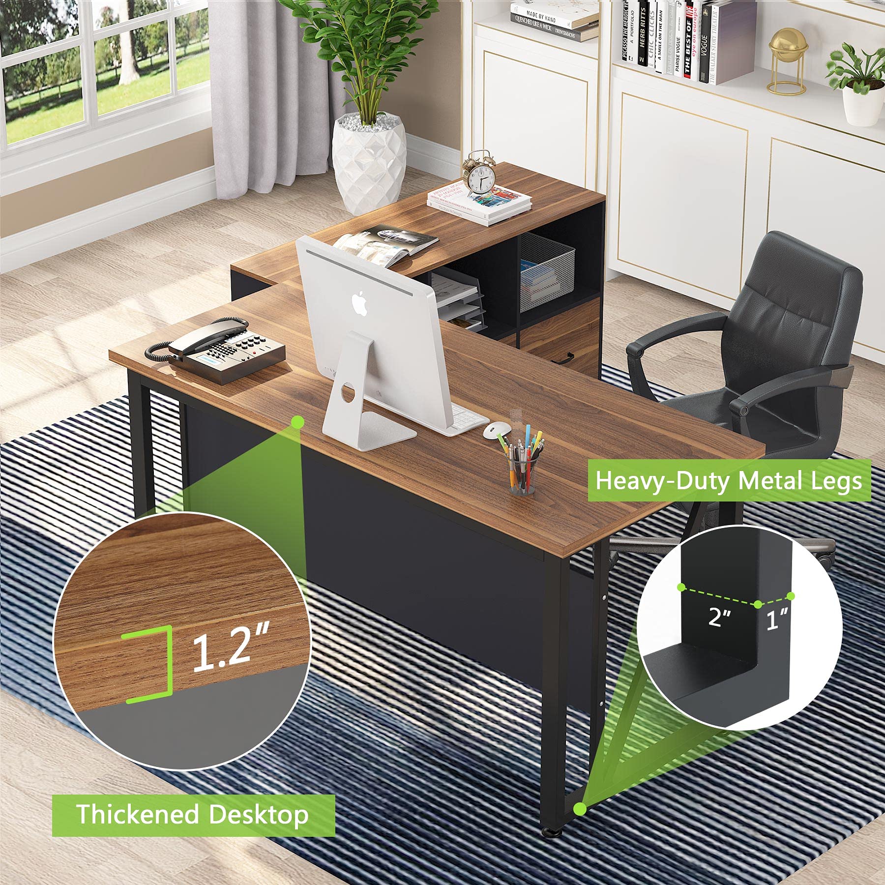 55 inches Executive Desk and 43" lateral File Cabinet, L-Shaped Computer Desk Home Office Furniture with Drawers and Storage Shelves, Office Table with Cabinet (Walnut, 55)