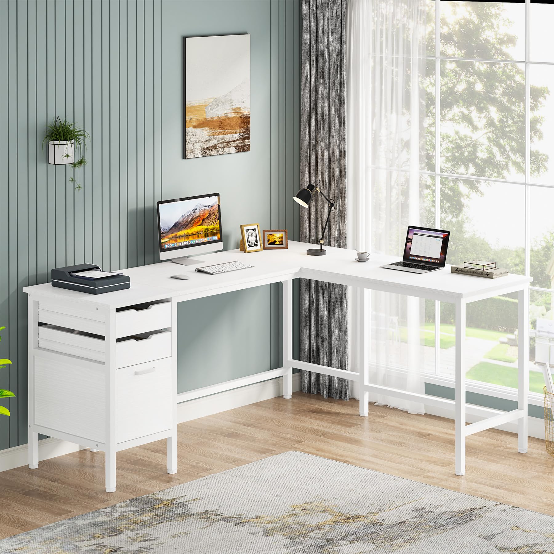 L Shaped Desk with File Drawer Cabinet, 59 Inch Corner Desk L Shaped Computer Desk