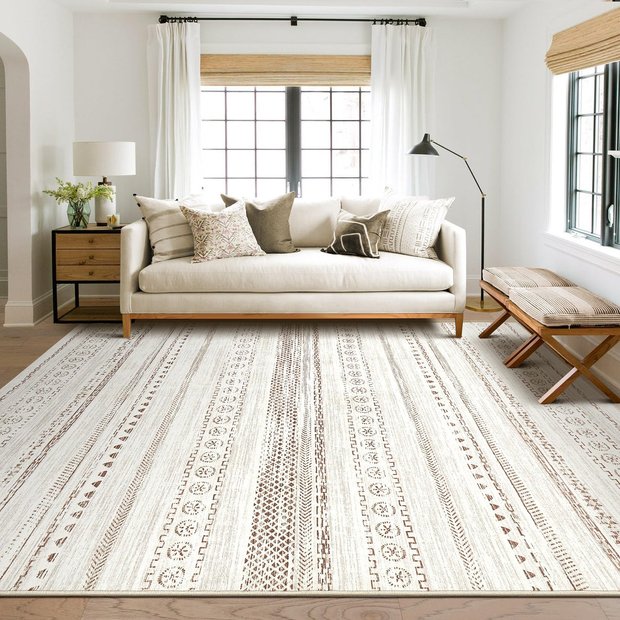 Area Rug Living Room Rugs - 9x12 Washable Boho Farmhouse Bohemian Neutral Large