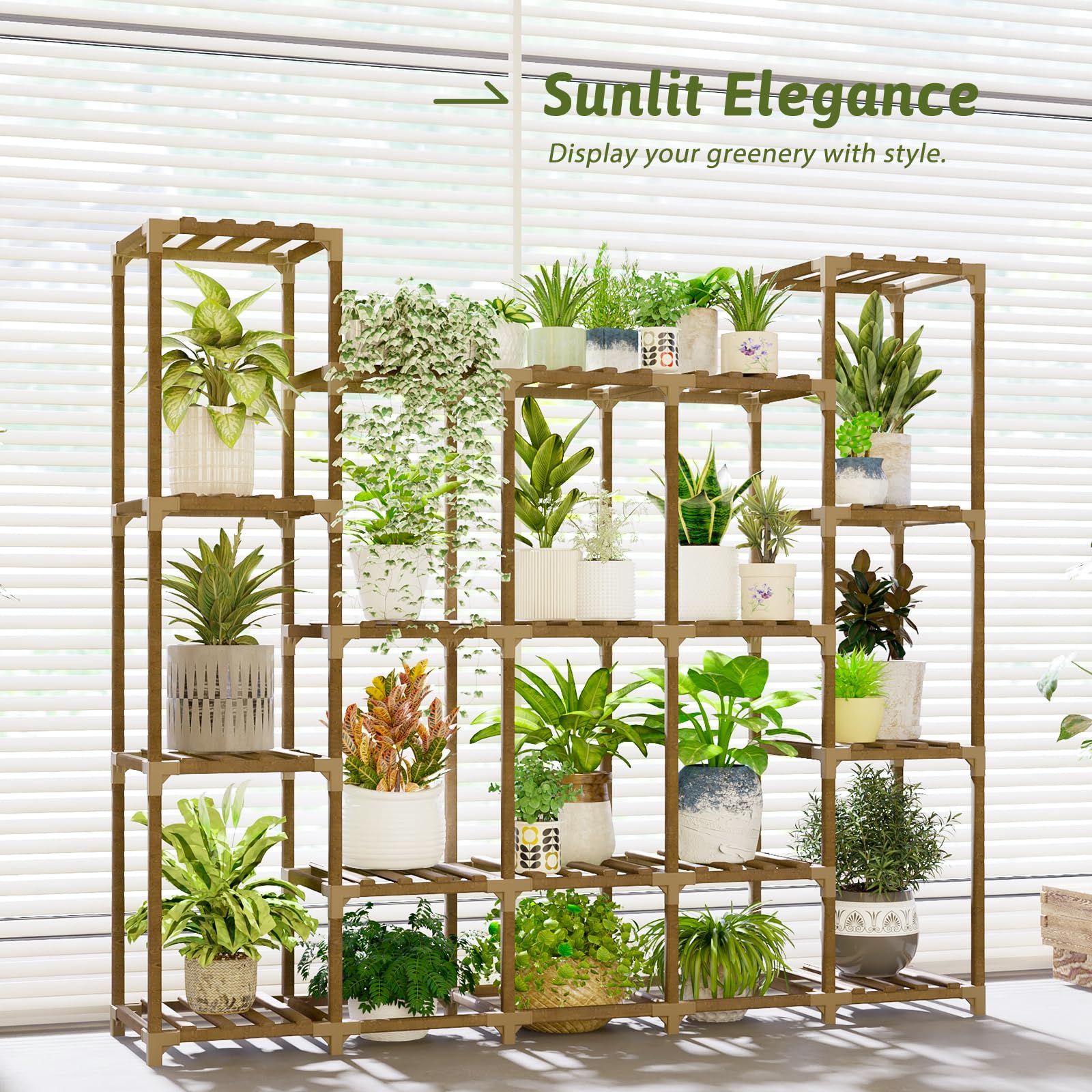 GENTINGBRO Large Wooden Plant Shelf – 5 Tier Tall Plant Stand