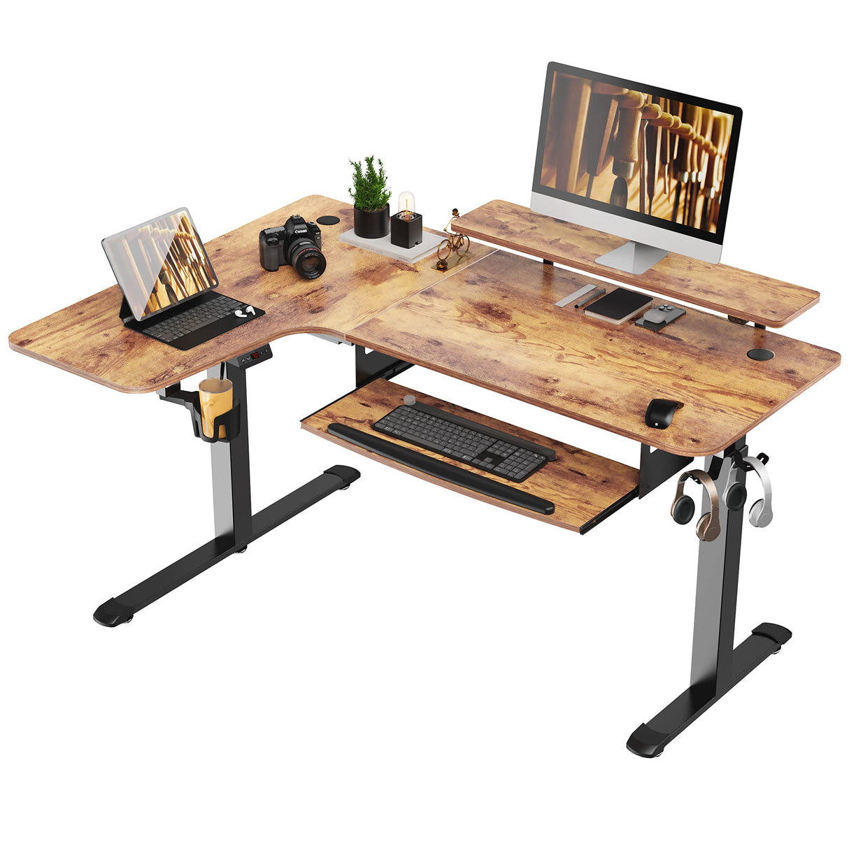 ERGONOMIC Standing Desk with Keyboard Tray, Computer Desk, 61" L Shaped Electric Adjustable Height