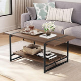 2-Tier Farmhouse 41'' Large Wood Coffee Table with Shelf -Modern Rustic Metal Rectangle