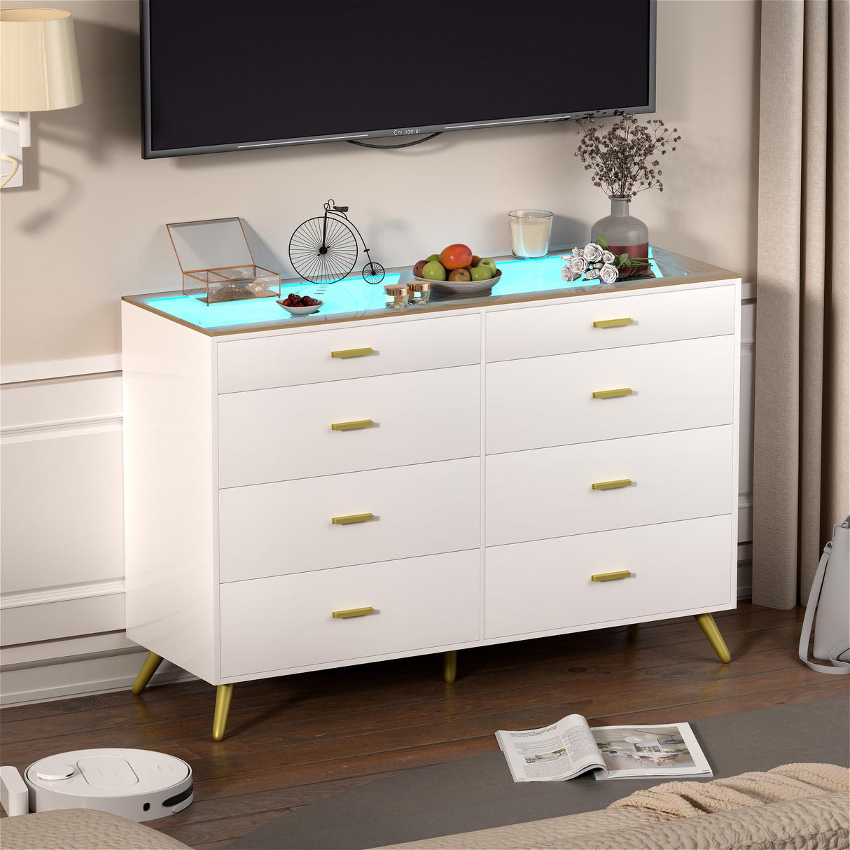 White Dresser with LED Lights for Bedroom,8 Drawer Dressers