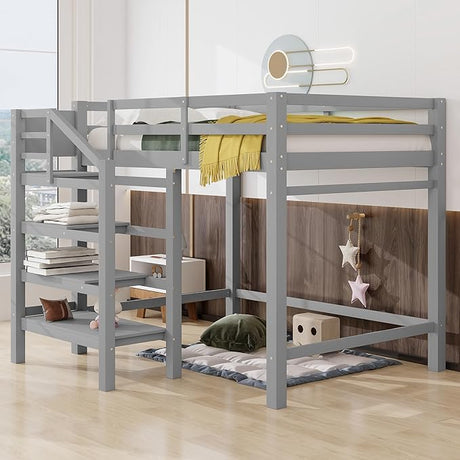 Full Loft Bed, Loft Bed Full Size with Storage Staircase and Wardrobe for Clothes, Wooden